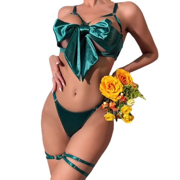 Hot Selling Sexy Lingerie Hollow Sexy Exposed Breast Bow Satin Leg Ring Three Piece Set