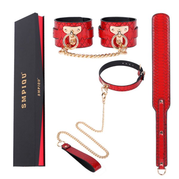 SM Toys 4-pcs Set Gift Box Bondage Kit Snakeskin Pattern Leather Collar Paddle Handcuffs Sex Products