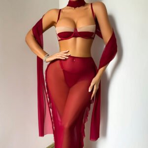 Mesh shaping sexy thin lingerie set with sheer scarf
